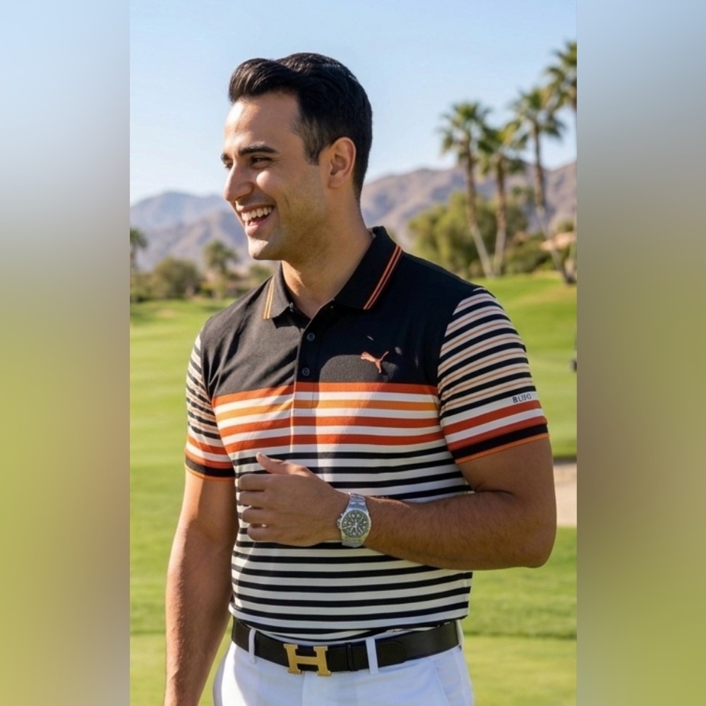 Puma Dry Cell Black & Orange Striped Polo Shirt